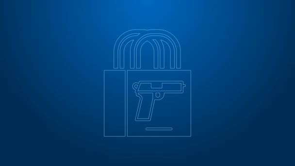 Weiße Linie Kauf Pistole Symbol isoliert auf blauem Hintergrund. Waffenkauf. 4K Video Motion Grafik Animation — Stockvideo