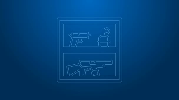 White line Hunting shop with rifle and gun weapon icon isolated on blue background. Supermarket or store with weapon equipment. 4K Video motion graphic animation — Stock Video