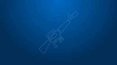 Beyaz çizgi M16A1 tüfek ikonu mavi arkaplanda izole edildi. Amerikan Ordusu M16 tüfeği. 4K Video hareketli grafik canlandırması