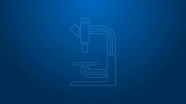 Mavi arkaplanda beyaz çizgi mikroskop simgesi izole edildi. Kimya, ilaç aleti, mikrobiyoloji büyütme aracı. 4K Video hareketli grafik canlandırması