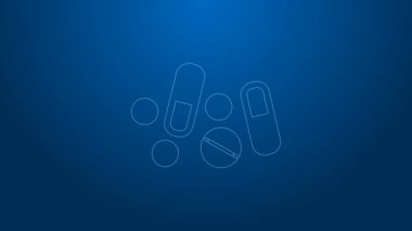 Mavi arka planda beyaz çizgi ilaç veya tablet ikonu var. Kapsül hapı ve uyuşturucu işareti. Eczane tasarımı. 4K Video hareketli grafik canlandırması