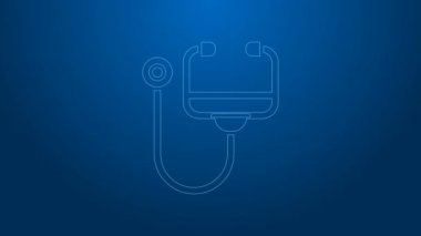 Beyaz çizgi steteskop tıbbi alet ikonu mavi arka planda izole edildi. 4K Video hareketli grafik canlandırması