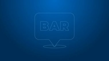 Beyaz çizgili alkol veya bira barı konumu ikonu mavi arkaplanda izole edilmiş. İçki, bar, kulüp ve barın sembolü. 4K Video hareketli grafik canlandırması