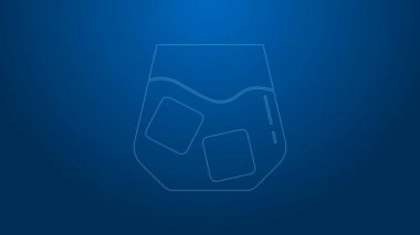 Mavi arka planda beyaz çizgili viski ve buz küpleri simgesi var. 4K Video hareketli grafik canlandırması