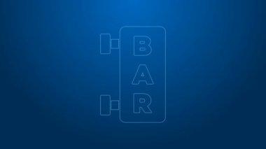 Beyaz çizgi sokak tabelasında mavi arkaplan üzerinde yazı çubuğu simgesi var. Reklamlar için uygun bar, kafe, restoran. 4K Video hareketli grafik canlandırması