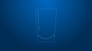 Mavi zemin üzerinde su ikonu olan beyaz çizgi camlar. Soda bardağı. 4K Video hareketli grafik canlandırması