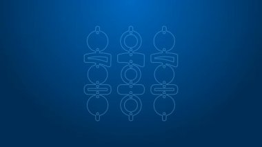 Beyaz çizgi ızgara şiş kebap, mavi arka planda izole edilmiş şiş çubuk ikonu. Şiş çubukta et kebabı. Izgara etle piknik. 4K Video hareketli grafik canlandırması