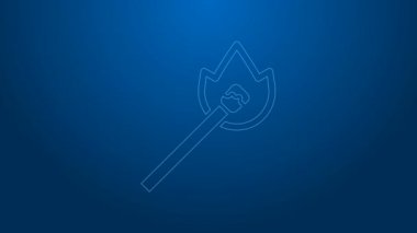 Mavi arka planda izole edilmiş ateş ikonu ile beyaz çizgi yakma kibriti. Ateşle maç. Kibrit işareti. 4K Video hareketli grafik canlandırması