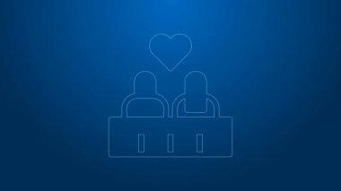 Beyaz çizgili romantik çift silueti mavi arka planda izole edilmiş bir ikonun yanındaki bankta oturuyor. Sevgililer Günün kutlu olsun. 4K Video hareketli grafik canlandırması