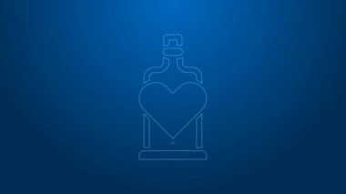 Mavi zemin üzerinde aşk iksiri olan beyaz çizgi şişesi. Sevgililer Günü sembolü. 4K Video hareketli grafik canlandırması