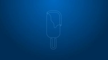 Beyaz çizgi dondurma ikonu mavi arkaplanda izole edilmiş. Güzel sembol. 4K Video hareketli grafik canlandırması