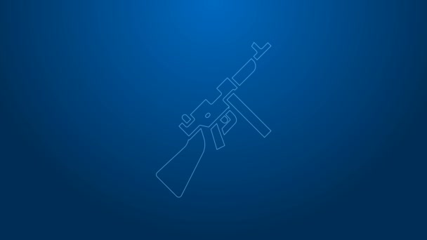 ホワイトライントンプソントミーサブマシン銃アイコンは青の背景に隔離されました。アメリカの機銃だ。4Kビデオモーショングラフィックアニメーション — ストック動画