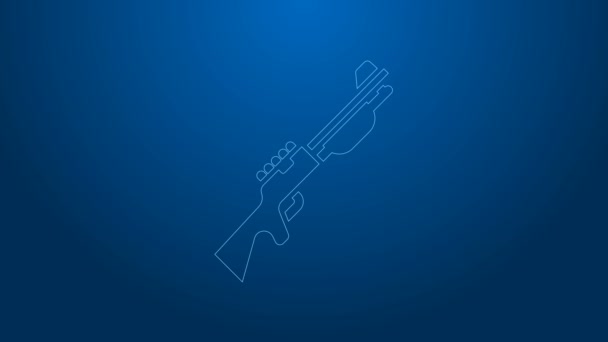 White line Hunting gun icon isolated on blue background. Hunting shotgun. 4K Video motion graphic animation — Stock Video