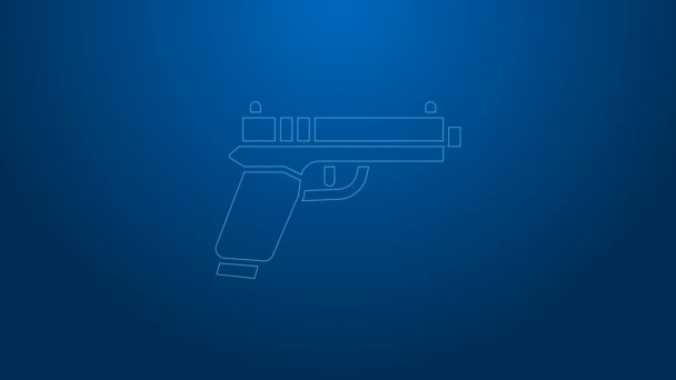 Πιστόλι λευκής γραμμής ή εικονίδιο όπλου απομονωμένο σε μπλε φόντο. Αστυνομία ή στρατιωτικό περίστροφο. Μικρό όπλο. 4K Γραφική κίνηση κίνησης βίντεο — Αρχείο Βίντεο
