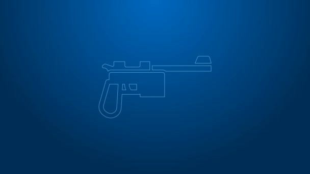 Ligne blanche icône pistolet Mauser isolé sur fond bleu. Mauser C96 est un pistolet semi-automatique. Animation graphique de mouvement vidéo 4K — Video
