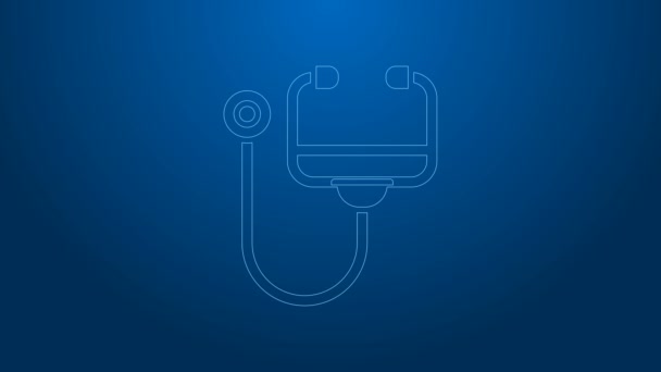 Ligne blanche Stethoscope icône de l'instrument médical isolé sur fond bleu. Animation graphique de mouvement vidéo 4K — Video
