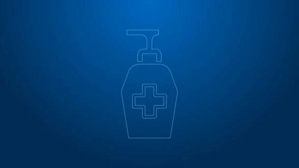 Weiße Linie Flasche flüssige antibakterielle Seife mit Spendersymbol isoliert auf blauem Hintergrund. Antiseptisch. Desinfektion, Hygiene, Hautpflege. 4K Video Motion Grafik Animation — Stockvideo