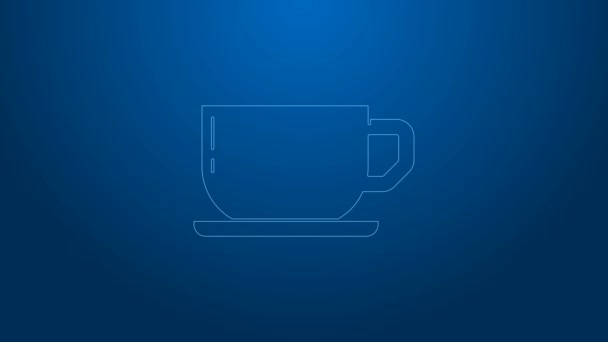 Linha branca ícone xícara de café isolado no fundo azul. Uma chávena. Café quente. Animação gráfica em movimento de vídeo 4K — Vídeo de Stock