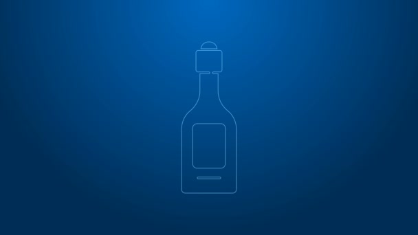 Белая линия бутылка шампанского значок изолирован на голубом фоне. Видеографическая анимация 4K — стоковое видео