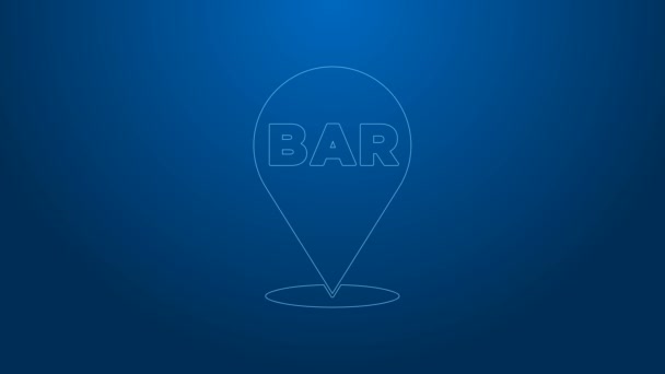Biała linia Alkohol lub piwo bar lokalizacja ikona izolowane na niebieskim tle. Symbol picia, pub, klub, bar. 4K Animacja graficzna ruchu wideo — Wideo stockowe