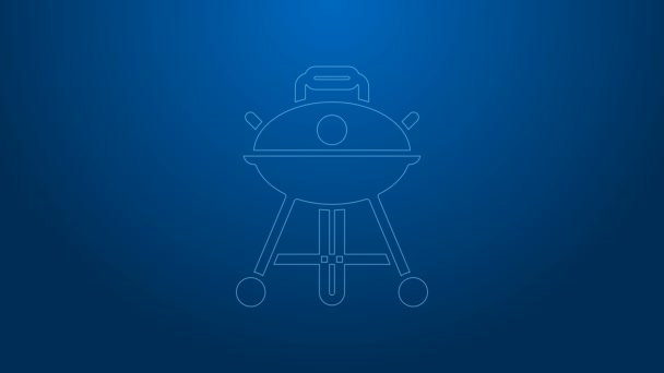 Biała linia Grill grill ikona izolowane na niebieskim tle. Grillowa impreza. 4K Animacja graficzna ruchu wideo — Wideo stockowe