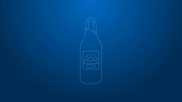 Bílá čára Pivo láhev ikona izolované na modrém pozadí. Grafická animace pohybu videa 4K — Stock video