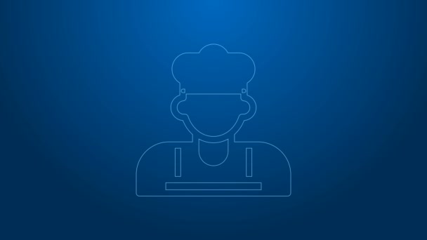 Biała linia Cook ikona izolowane na niebieskim tle. Symbol szefa kuchni. 4K Animacja graficzna ruchu wideo — Wideo stockowe