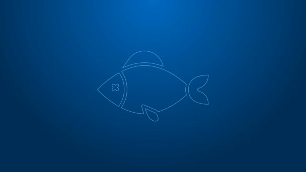 Línea blanca Icono de pescado aislado sobre fondo azul. Animación gráfica de vídeo 4K — Vídeos de Stock