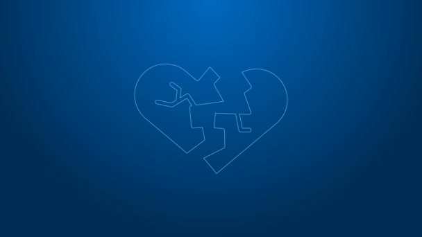 Línea blanca Corazón roto o icono de divorcio aislado sobre fondo azul. Símbolo de amor. Día de San Valentín. Animación gráfica de vídeo 4K — Vídeos de Stock