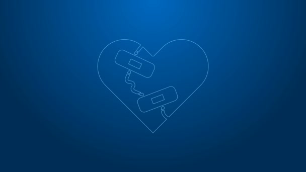Weiße Linie Heilte gebrochenes Herz oder Scheidungssymbol isoliert auf blauem Hintergrund. Zertrümmertes und geflicktes Herz. Liebessymbol. Valentinstag. 4K Video Motion Grafik Animation — Stockvideo