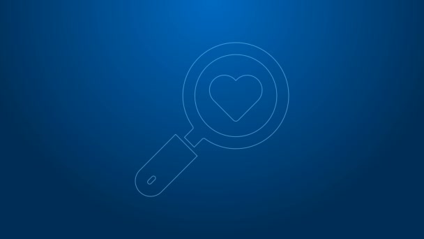 Fehér vonal Keresés szív és szeretet ikon elszigetelt kék háttérrel. Nagyító szívvel. 4K Videó mozgás grafikus animáció — Stock videók