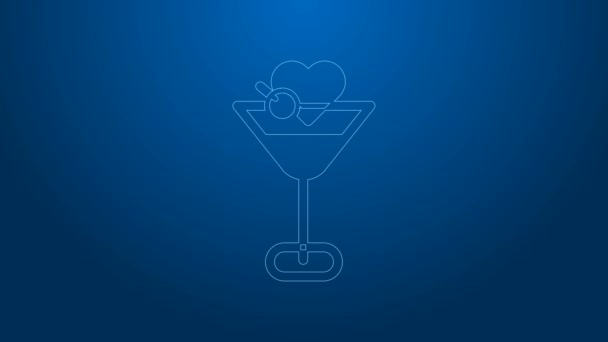 Icono de vidrio Martini de línea blanca aislado sobre fondo azul. Icono de cóctel. Icono de copa de vino. Animación gráfica de vídeo 4K — Vídeos de Stock