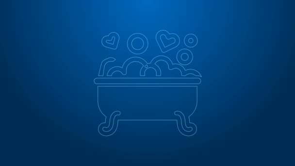 Línea blanca Romántico en el icono del baño aislado sobre fondo azul. Concepto de cita romántica. Baño romántico con espuma favorita del corazón. Animación gráfica de vídeo 4K — Vídeos de Stock