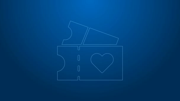 Línea blanca Icono del billete de amor aislado sobre fondo azul. Signo de San Valentín. Un símbolo de relaciones de pareja. Animación gráfica de vídeo 4K — Vídeos de Stock