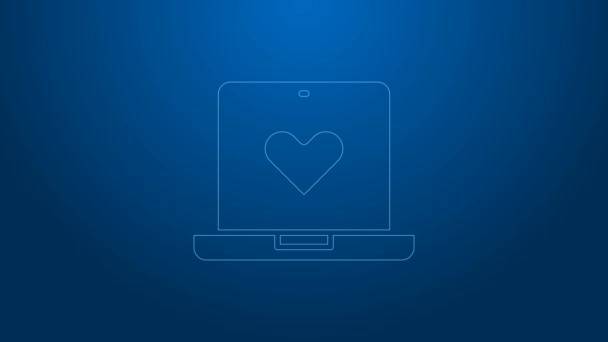 Linea bianca Incontri app icona concetto di laptop online isolato su sfondo blu. Profilo femminile maschio design piatto. Un paio combaciano per una relazione. Animazione grafica 4K Video motion — Video Stock
