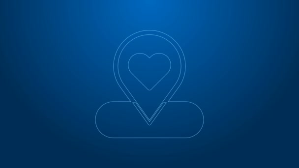 Penunjuk Peta garis putih dengan ikon jantung terisolasi pada latar belakang biru. Hari Valentine. Lokasi cinta. Pin peta romantis. Animasi grafis gerak Video 4K — Stok Video