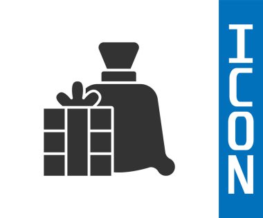 Beyaz arka planda izole edilmiş gri Noel Baba hediye paketi ikonu. Noel hediyeleri çuvalı. Mutlu Noeller ve mutlu yıllar. Vektör.