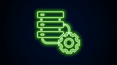 Parlayan neon hattı sunucusu ve dişli simgesi siyah arkaplanda izole edildi. Uygulama, servis konsepti, ayar seçenekleri, bakım, onarım, onarım. 4K Video hareketli grafik canlandırması