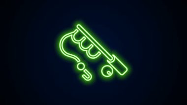 Parlayan neon hattı Balıkçı Çubuğu simgesi siyah arkaplanda izole edildi. Balıkçılık ekipmanları ve balık çiftliği konuları. 4K Video hareketli grafik canlandırması
