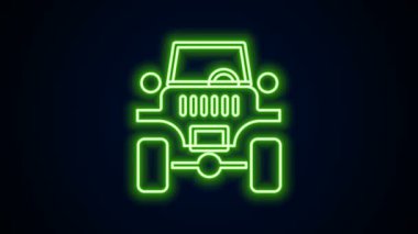 Parlayan neon hattı off road car simgesi siyah arka planda izole edildi. Cip işareti. 4K Video hareketli grafik canlandırması