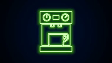 Parlayan neon hattı kahve makinesi simgesi siyah arka planda izole edildi. 4K Video hareketli grafik canlandırması