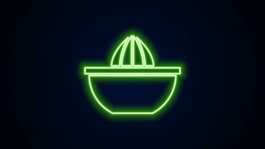 Parlayan neon hattı Citrus meyve sıkacağı ikonu siyah arkaplanda izole edildi. 4K Video hareketli grafik canlandırması