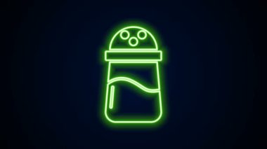 Parlayan neon hattı tuzu simgesi siyah arkaplanda izole edildi. Yemek pişirme baharatları. 4K Video hareketli grafik canlandırması