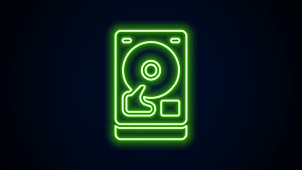 Glowing neon line Hard disk drive HDD icon isolated on black background. 4K Video motion graphic animation — Stock Video