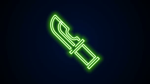 Glödande neon linje Hunter kniv ikon isolerad på svart bakgrund. Armékniv. 4K Video motion grafisk animation — Stockvideo