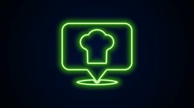 Siyah arkaplanda konum simgesi olan parlak neon hat şefi şapkası. Aşçılık sembolü. Aşçı şapkası. 4K Video hareketli grafik canlandırması