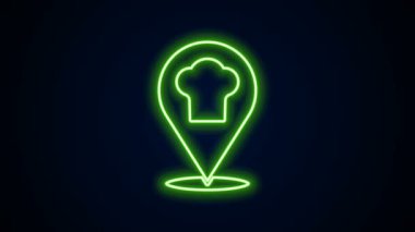 Siyah arkaplanda konum simgesi olan parlak neon hat şefi şapkası. Aşçılık sembolü. Aşçı şapkası. 4K Video hareketli grafik canlandırması