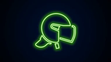 Parlayan neon hattı polis miğferi ikonu siyah arkaplanda izole edildi. Askeri miğfer. 4K Video hareketli grafik canlandırması