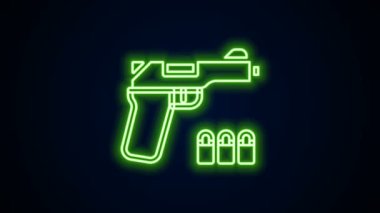 Siyah arkaplanda parlayan neon hattı Pistol veya silah ikonu izole edildi. Polis ya da askeri silah. Küçük ateşli silah. 4K Video hareketli grafik canlandırması