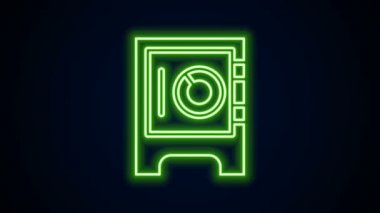 Parlayan neon hattı siyah arkaplanda güvenli simge. Kapı, şifreli bir banka kasası. Güvenilir Veri Koruma. 4K Video hareketli grafik canlandırması
